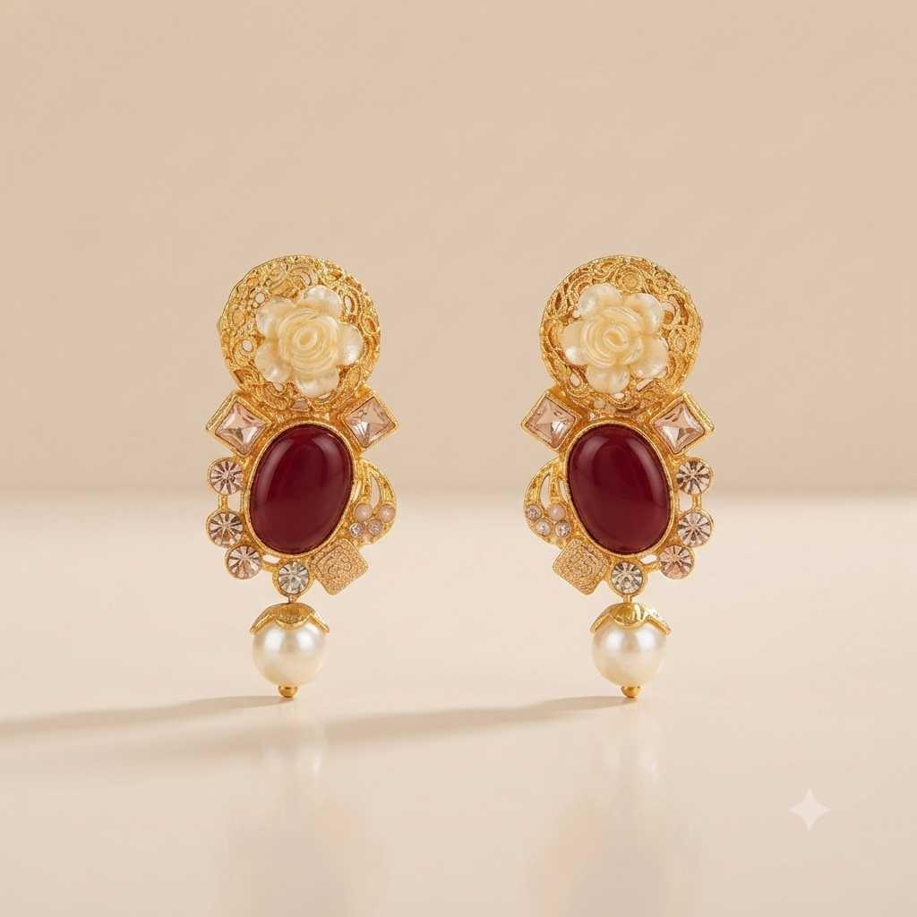 DIVA Jewellery Exquisite Gold-Plated Maroon Stone & Carved Flower Statement Earrings