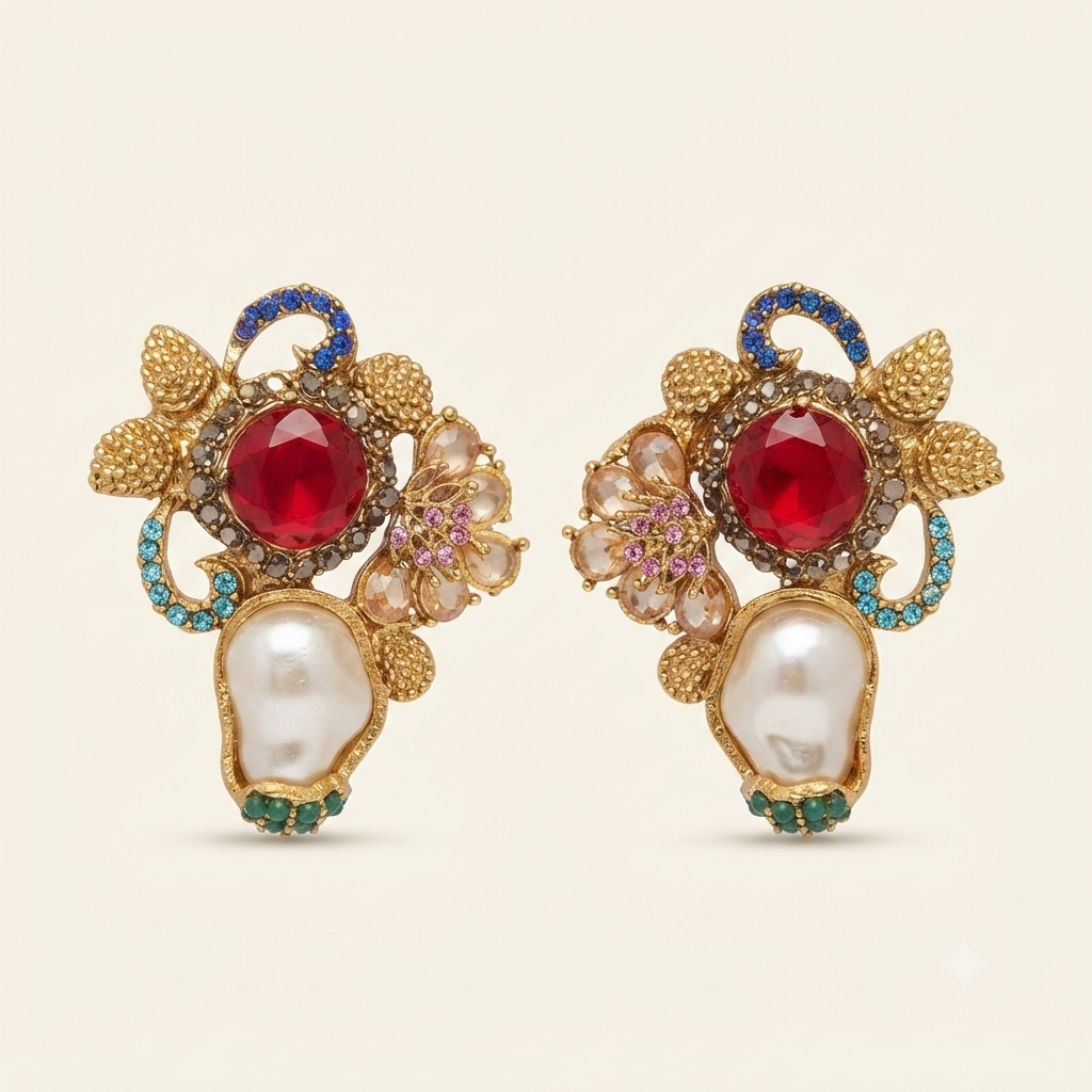 DIVA Jewellery Exquisite Gold-Plated Ruby Stone, Multi-Color Crystal & Baroque Pearl Statement Earrings