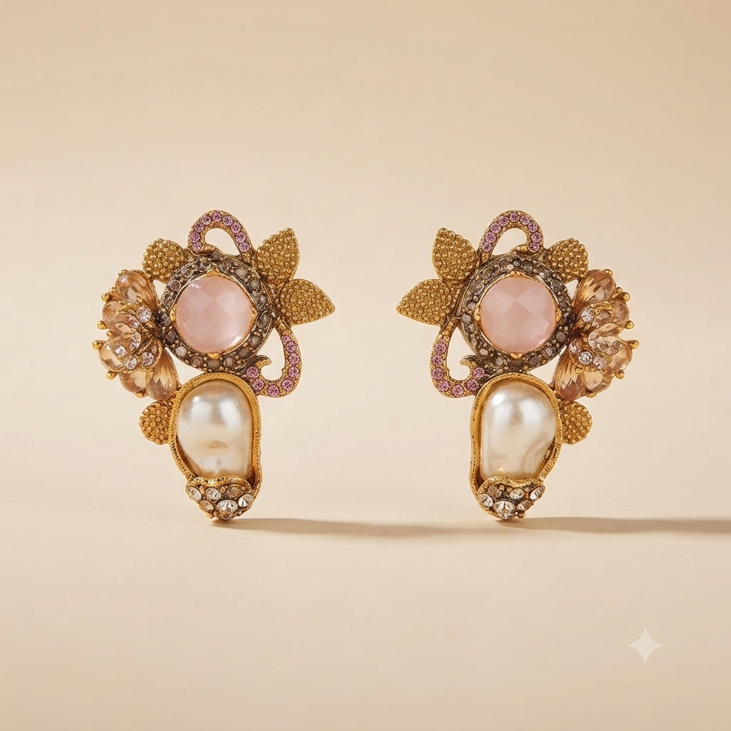 DIVA Jewellery Exquisite Gold-Plated Pink Stone & Pearl Floral Cluster Statement Earrings