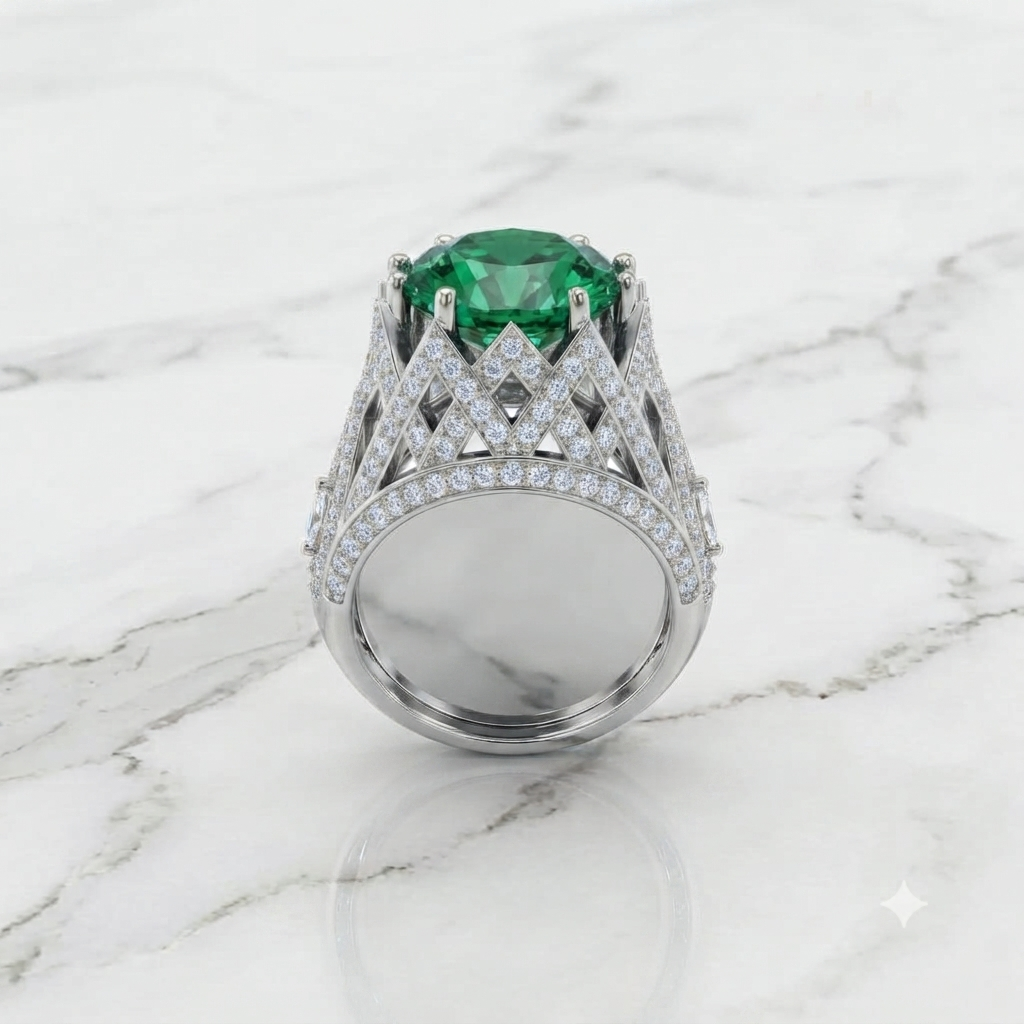 Silver Emerald Green Architectural Statement Ring