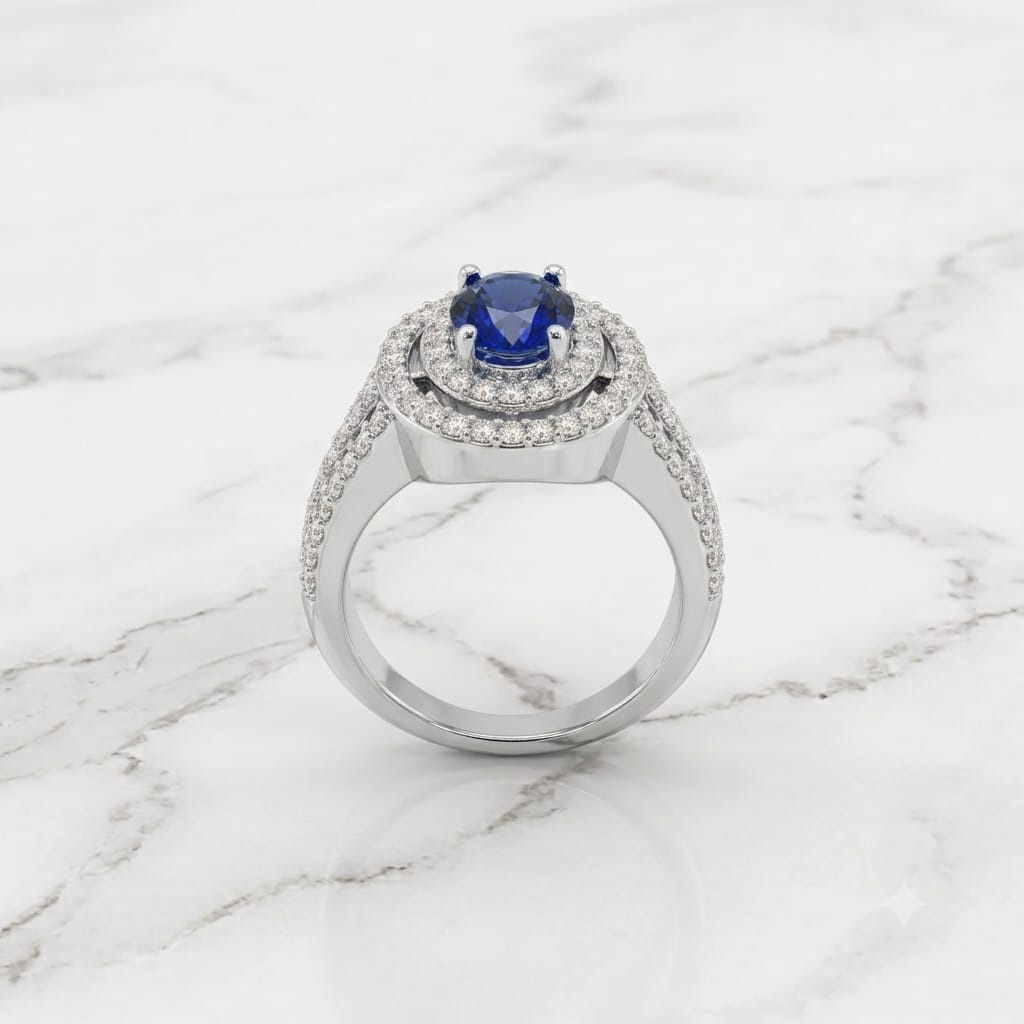 Silver Sapphire Blue Oval Double Halo Statement Ring