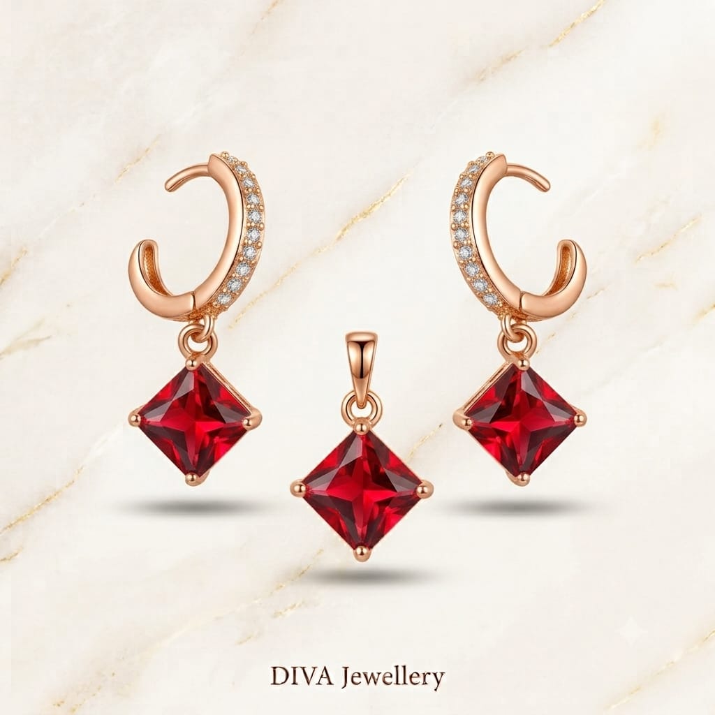 Rose Gold Ruby Red Princess-Cut Pendant and Hoop Earrings Set