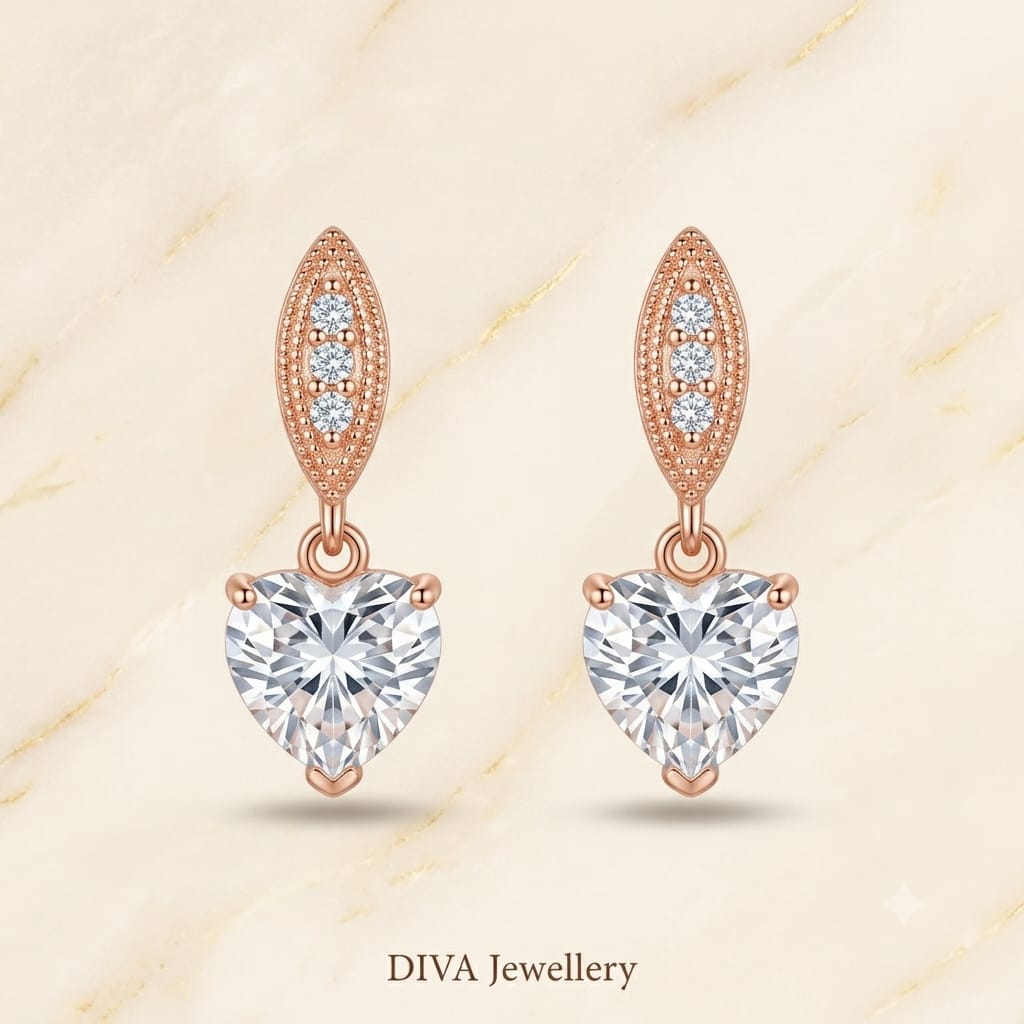 Rose Gold Heart-Cut Crystal Dangle Earrings with Navette Top
