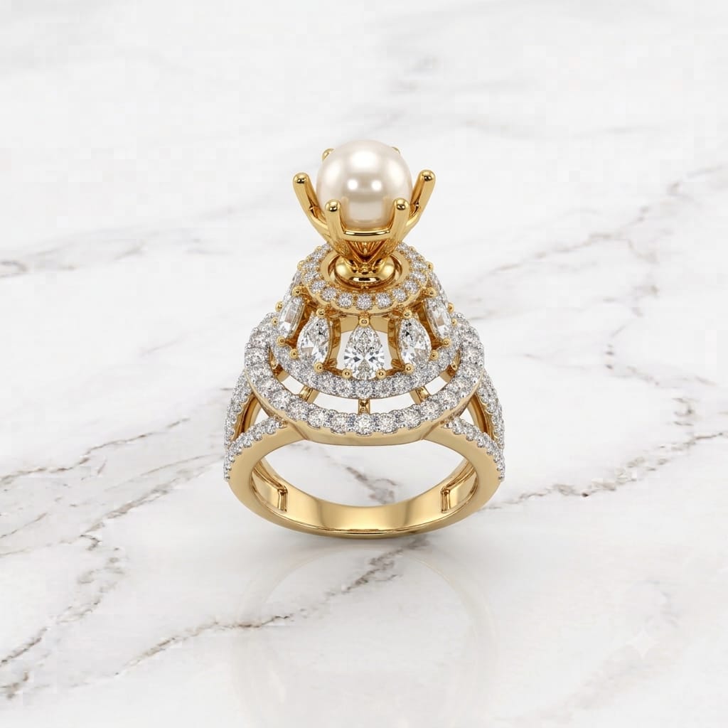 Gold Freshwater Pearl Tiered Cathedral Statement Ring