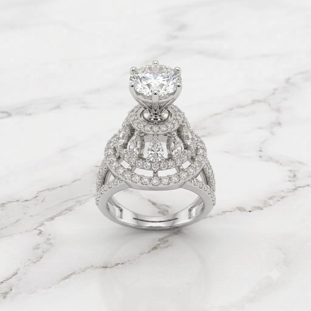 Silver Solitaire Clear Crystal Round Tiered Cathedral Statement Ring