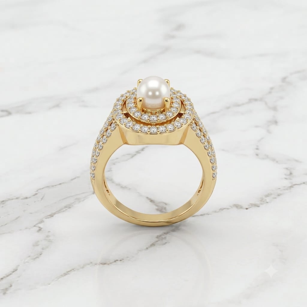 Gold Freshwater Pearl Double Halo Statement Ring