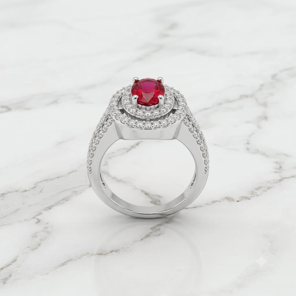 Silver Ruby Red Oval Double Halo Statement Ring