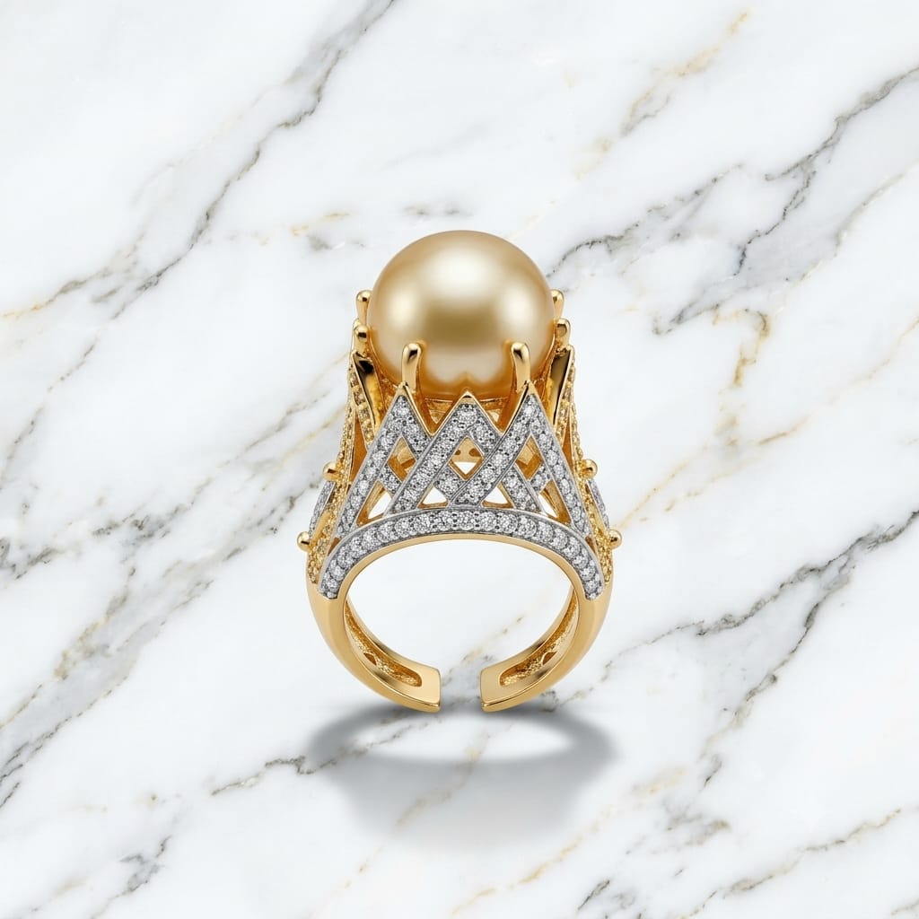 Royal Golden South Sea Pearl Statement Ring with Lattice Diamond Crown