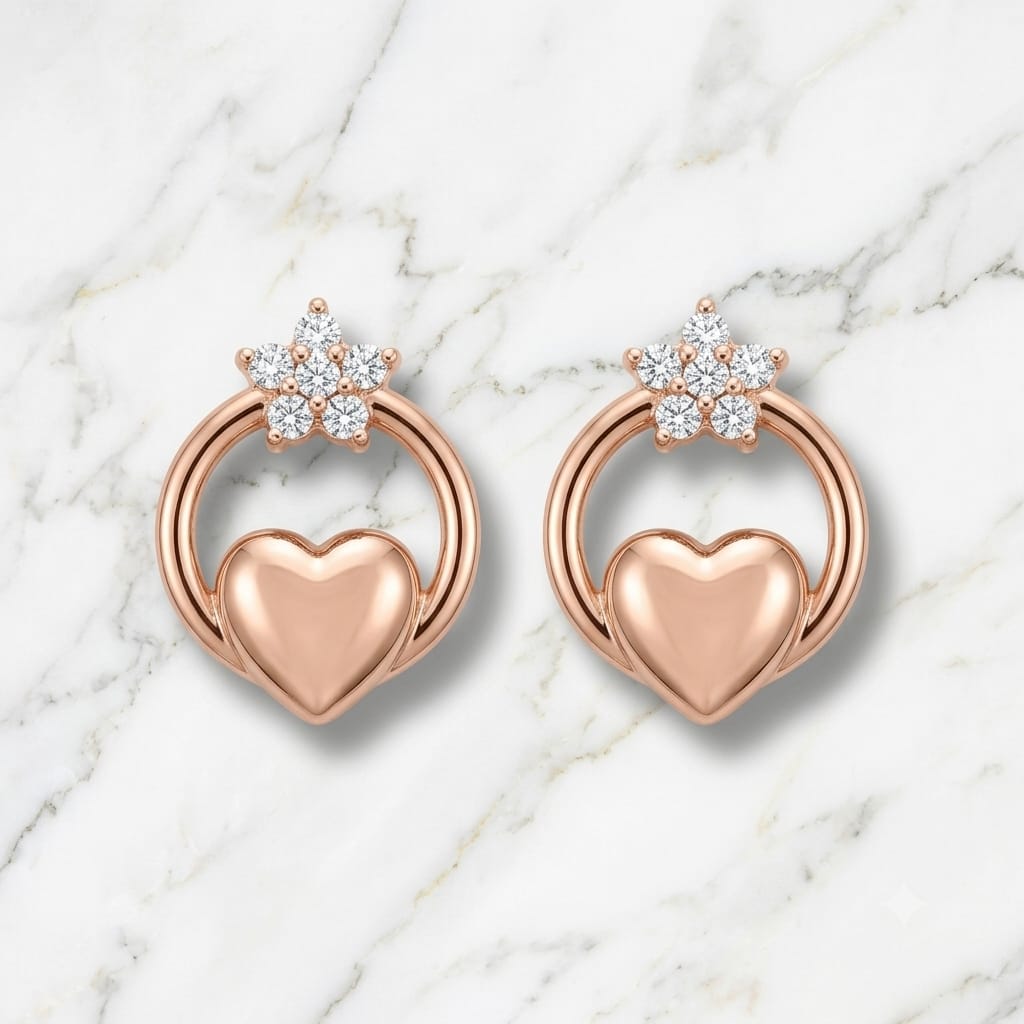 Rose Gold Heart & Flower Crown Stud Earrings
