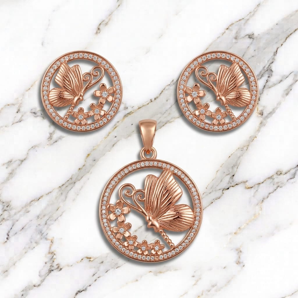 Rose Gold Butterfly & Floral Medallion Pendant Set