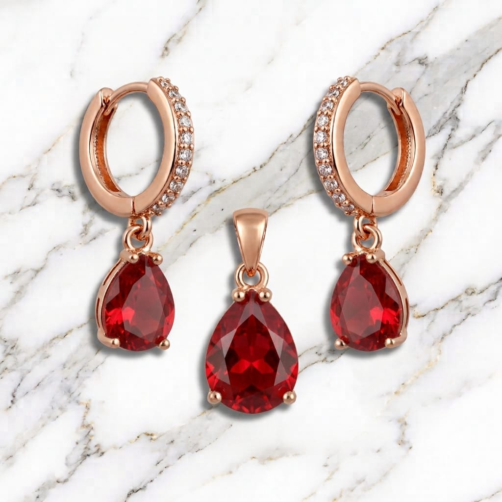 Rose Gold Ruby Red Teardrop Pendant & Hoop Earrings Set