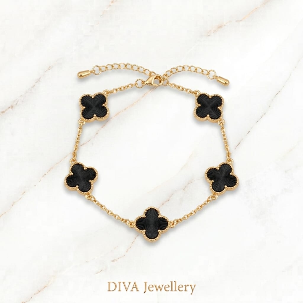 DIVA Jewellery Elegant Gold-Plated Black Clover Flower Charm Bracelet