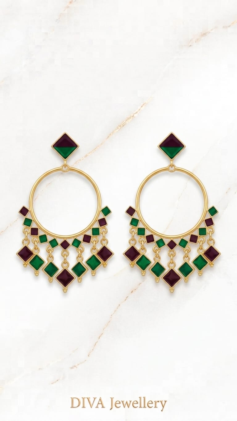 DIVA Jewellery Elegant Gold-Plated Green and Maroon Diamond-Pattern Drop Earrings