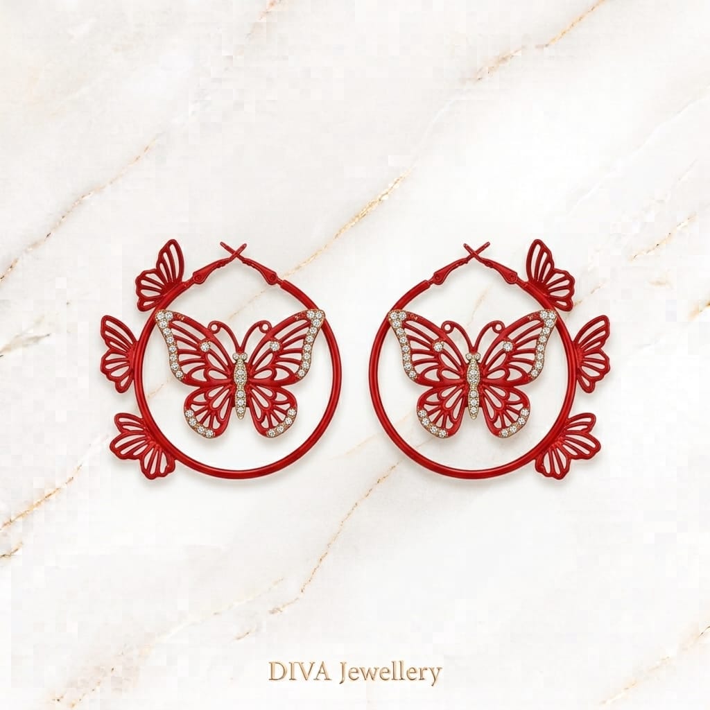 DIVA Jewellery Chic Red Butterfly Hoop Earrings for Women