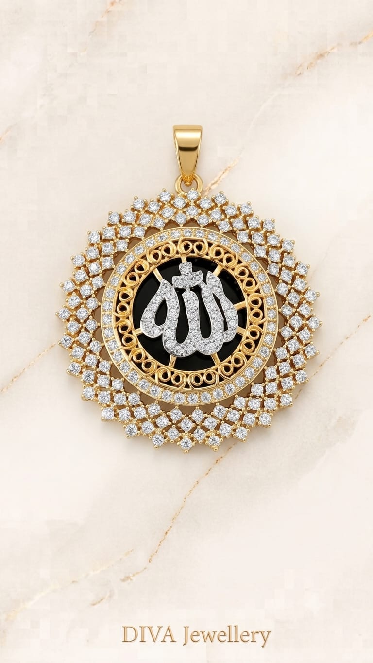 DIVA Jewellery Elegant Gold-Plated Allah Calligraphy Crystal Pendant