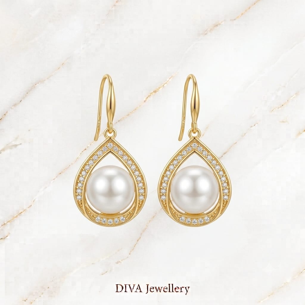 DIVA Jewellery Elegant Gold-Plated Teardrop Pearl & Crystal Drop Earrings