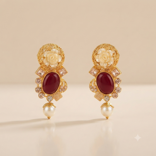 DIVA Jewellery Exquisite Gold-Plated Maroon Stone & Carved Flower Statement Earrings