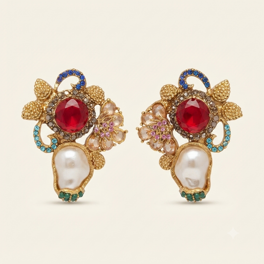 DIVA Jewellery Exquisite Gold-Plated Ruby Stone, Multi-Color Crystal & Baroque Pearl Statement Earrings