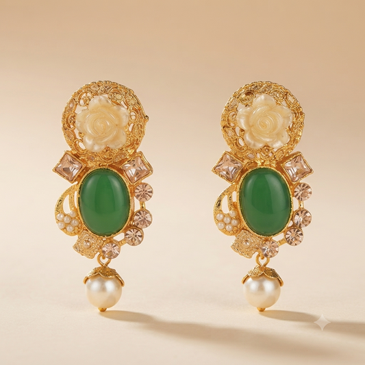 DIVA Jewellery Exquisite Gold-Plated Green Jade & Carved Flower Statement Earrings