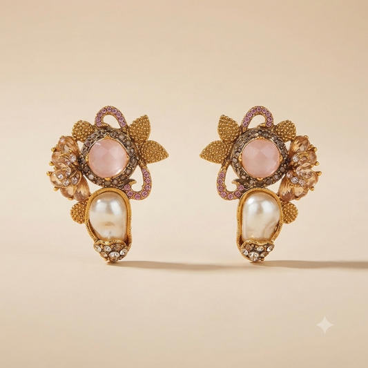 DIVA Jewellery Exquisite Gold-Plated Pink Stone & Pearl Floral Cluster Statement Earrings