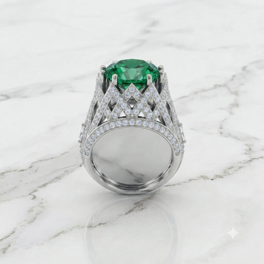 Silver Emerald Green Architectural Statement Ring