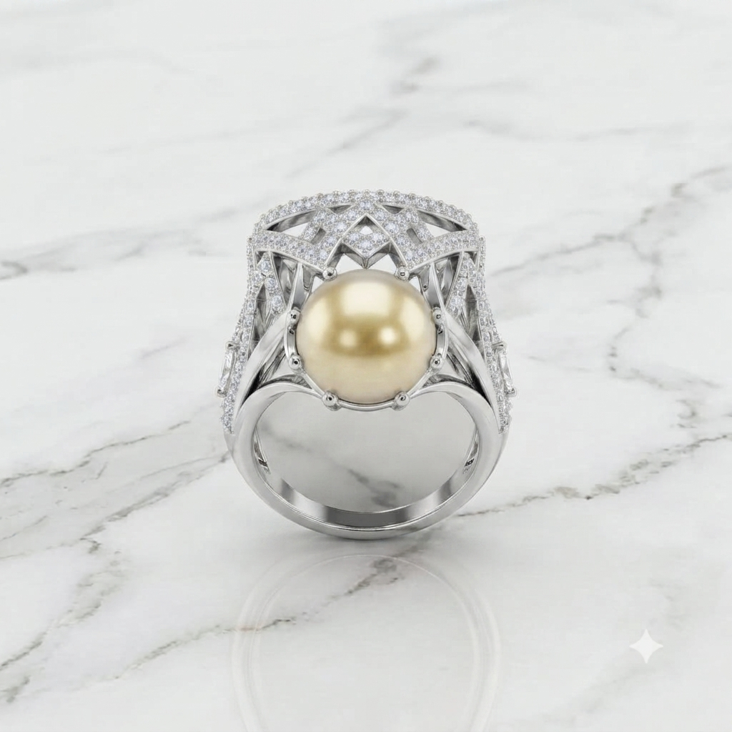 Silver Golden Pearl Architectural Statement Ring