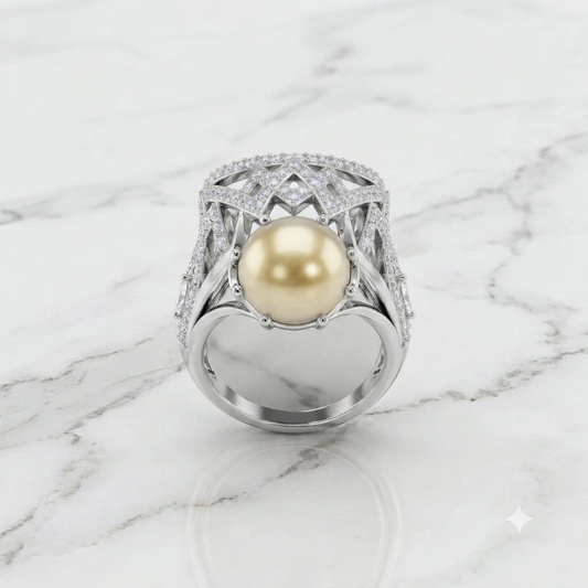 Silver Golden Pearl Architectural Statement Ring