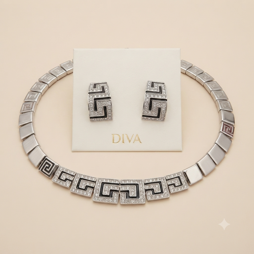 DIVA Jewellery Elegant Silver-Plated Geometric Greek Key Necklace & Earrings Set
