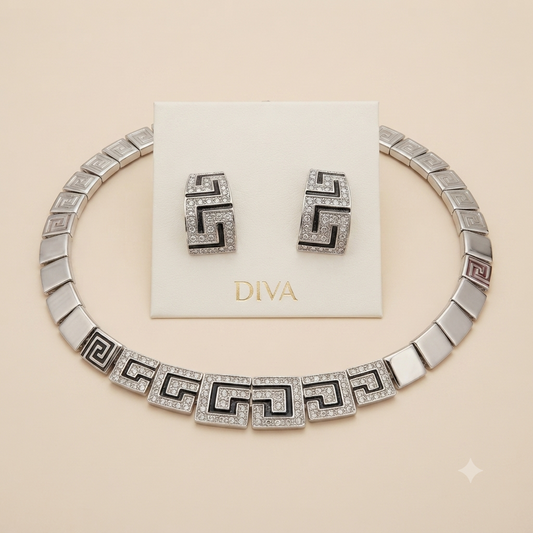 DIVA Jewellery Elegant Silver-Plated Geometric Greek Key Necklace & Earrings Set