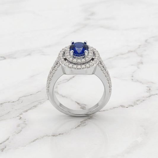 Silver Sapphire Blue Oval Double Halo Statement Ring
