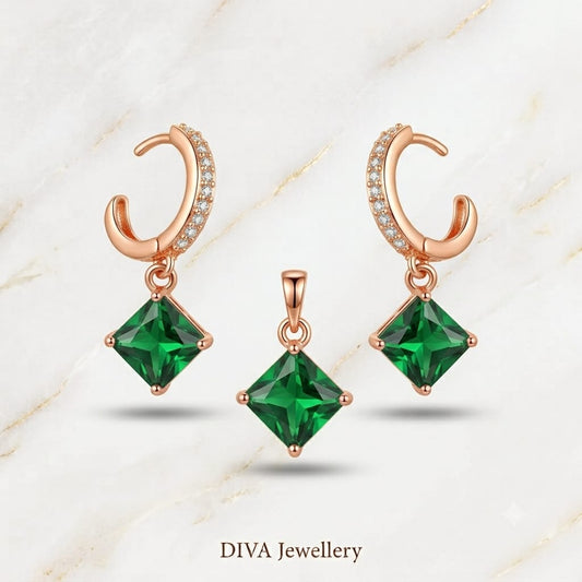 Rose Gold Emerald Green Princess-Cut Pendant and Hoop Earrings Set