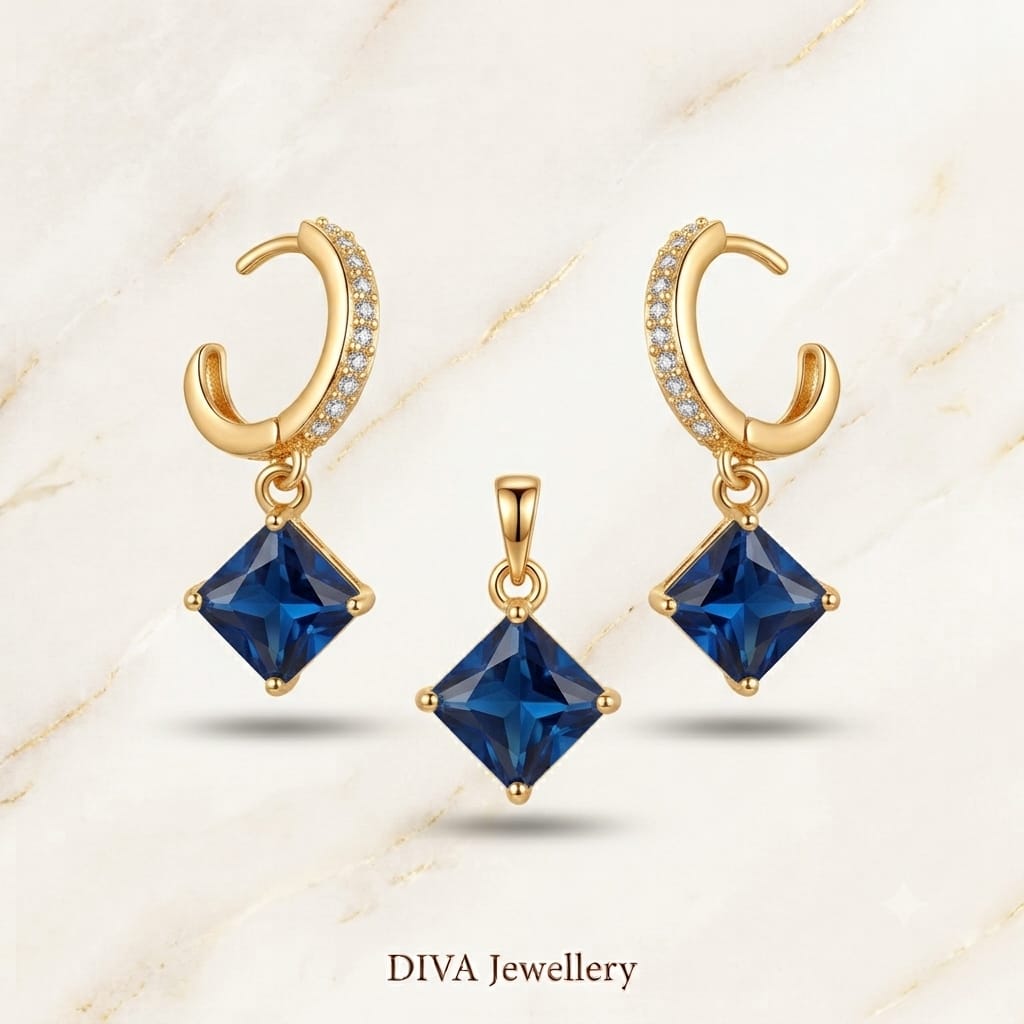 Gold Sapphire Blue Princess-Cut Pendant and Hoop Earrings Set