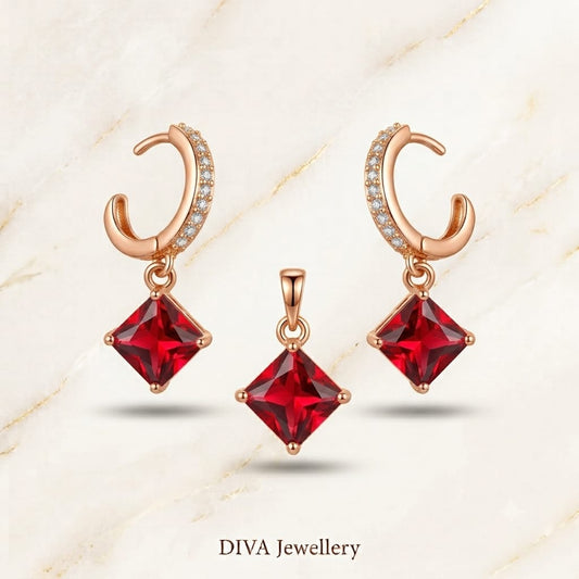 Rose Gold Ruby Red Princess-Cut Pendant and Hoop Earrings Set