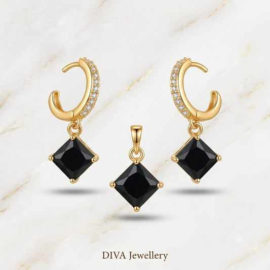 Gold Onyx Black Princess-Cut Pendant and Hoop Earrings Set