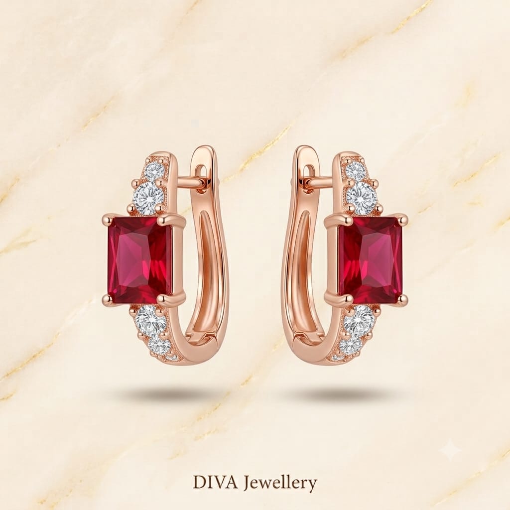 Rose Gold Ruby Red Emerald-Cut Huggie Hoop Earrings with Accent Crystals