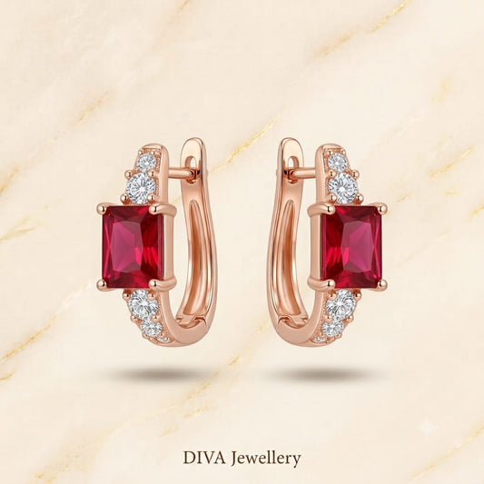 Rose Gold Ruby Red Emerald-Cut Huggie Hoop Earrings with Accent Crystals