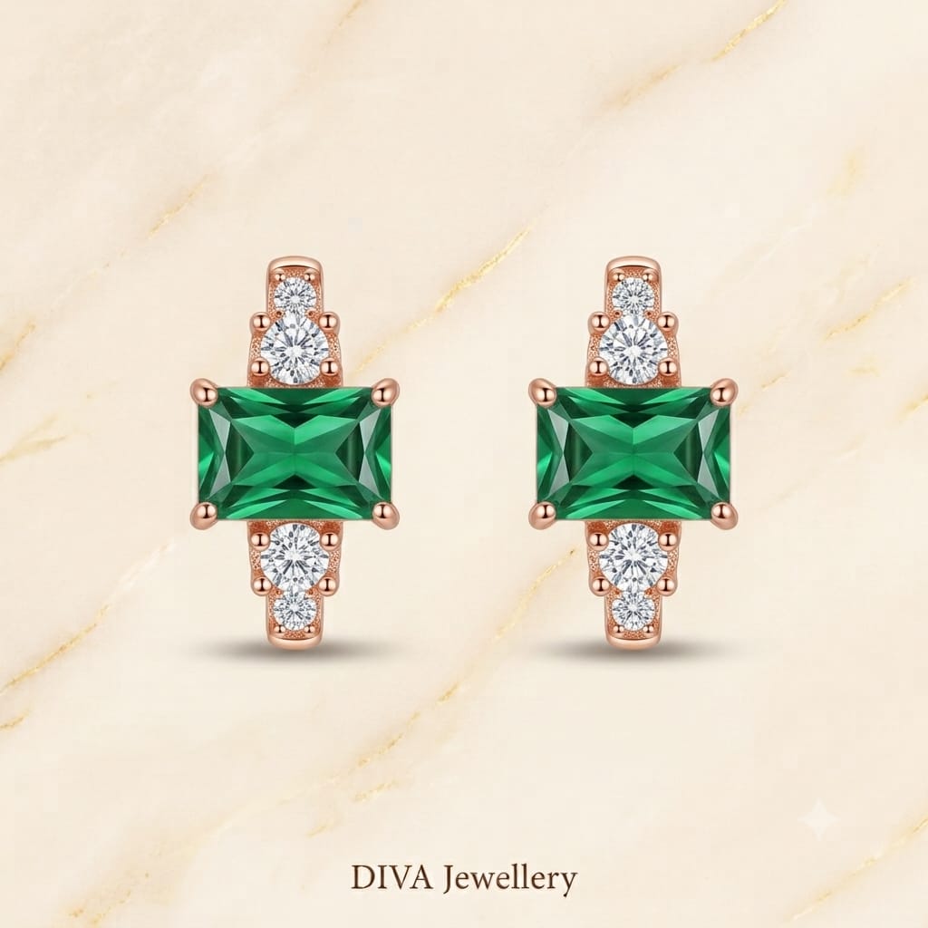 Rose Gold Emerald Green Emerald-Cut Stud Earrings with Accent Crystals