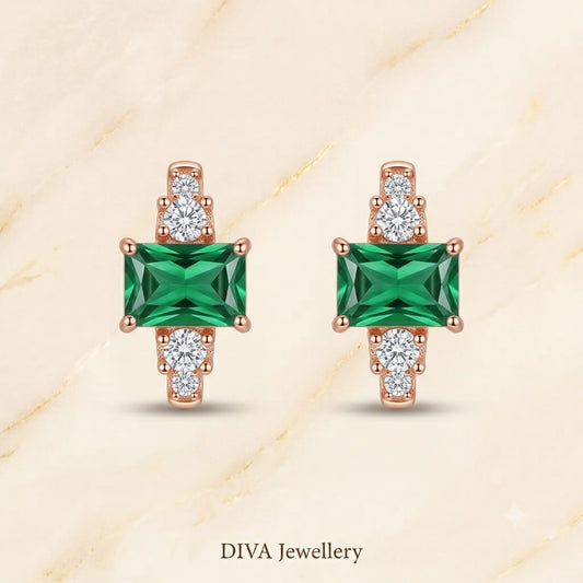 Rose Gold Emerald Green Emerald-Cut Stud Earrings with Accent Crystals