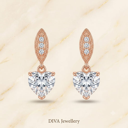 Rose Gold Heart-Cut Crystal Dangle Earrings with Navette Top