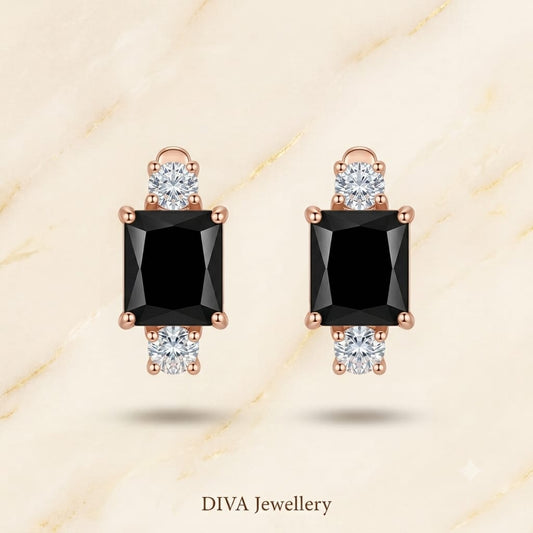Rose Gold Onyx Black Emerald-Cut Stud Earrings with Accent Crystals