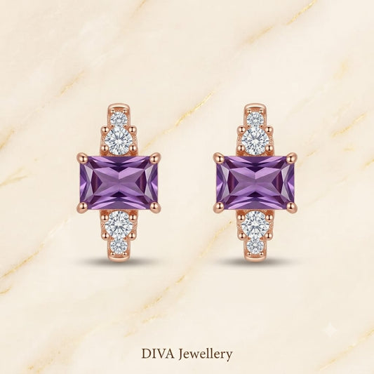 Rose Gold Amethyst Emerald-Cut Stud Earrings with Accent Crystals