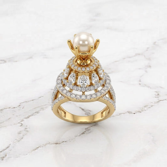 Gold Freshwater Pearl Tiered Cathedral Statement Ring