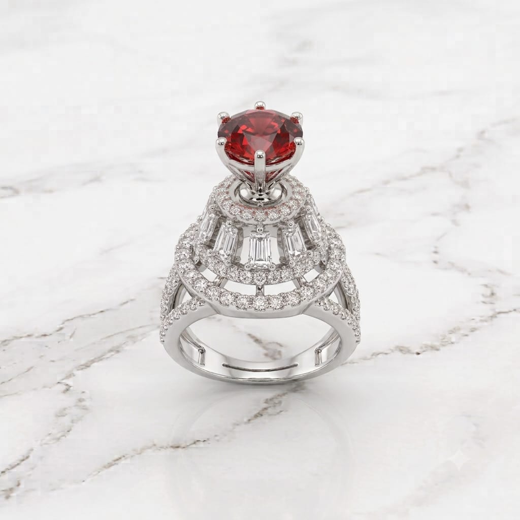 Silver Ruby Red Round Tiered Cathedral Statement Ring