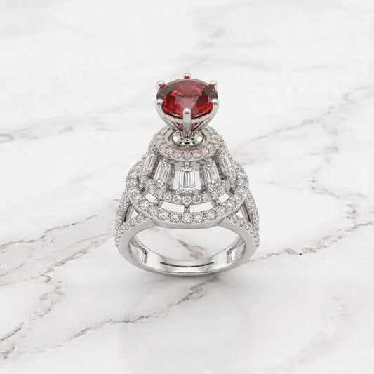 Silver Ruby Red Round Tiered Cathedral Statement Ring