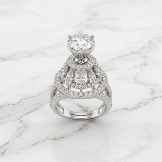 Silver Solitaire Clear Crystal Round Tiered Cathedral Statement Ring