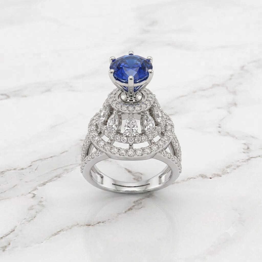 Silver Sapphire Blue Round Tiered Cathedral Statement Ring
