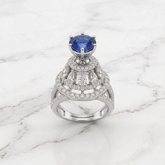 Silver Sapphire Blue Round Tiered Cathedral Statement Ring