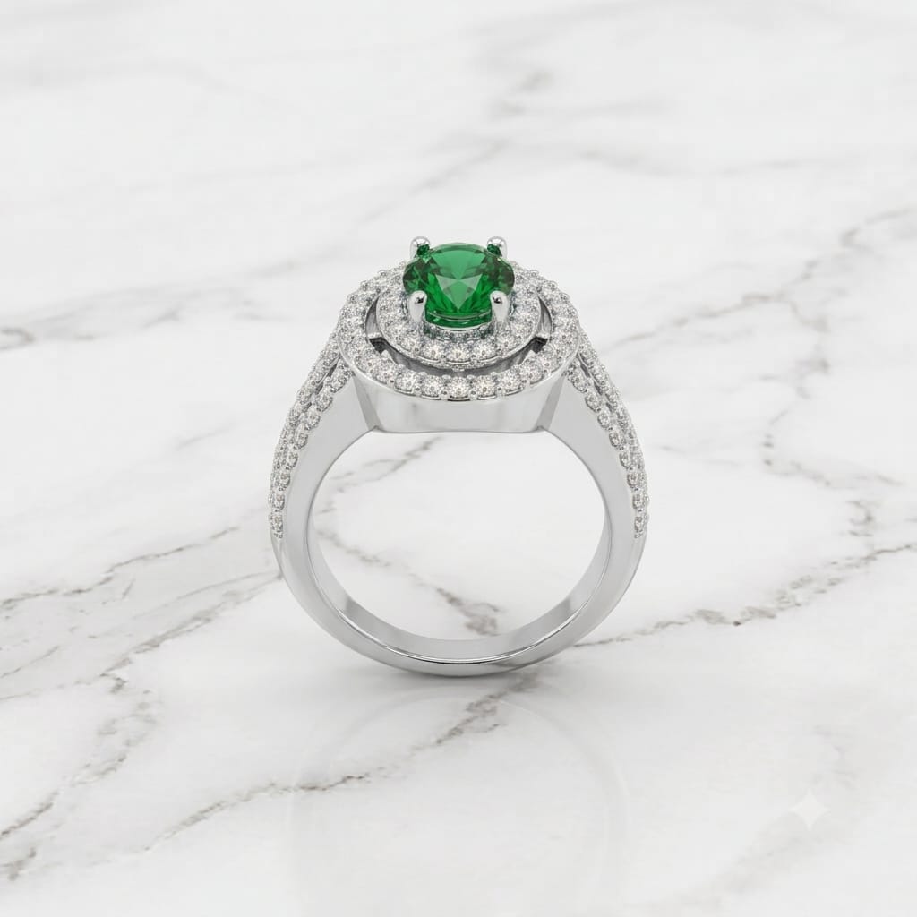 Silver Emerald Green Round Double Halo Statement Ring