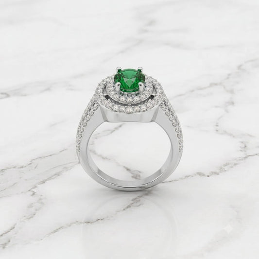 Silver Emerald Green Round Double Halo Statement Ring