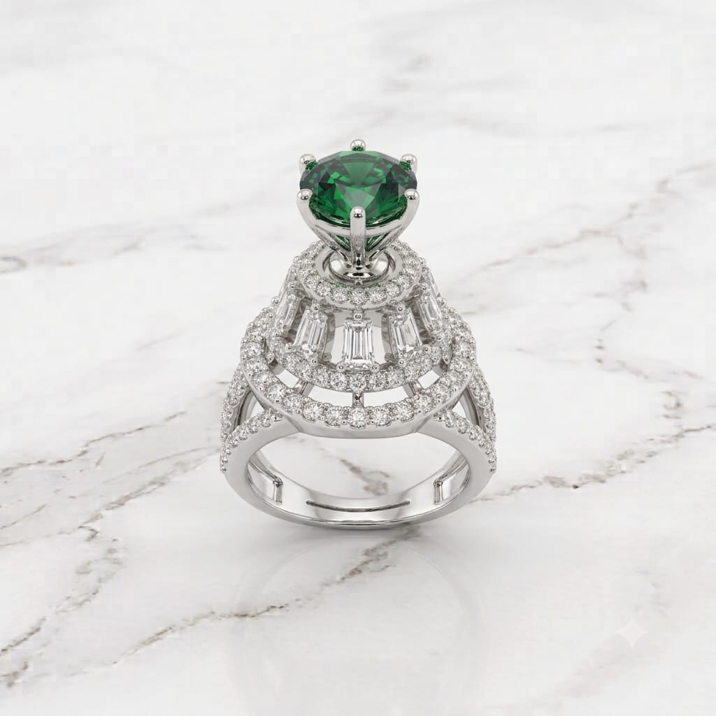 Silver Emerald Green Round Tiered Cathedral Statement Ring